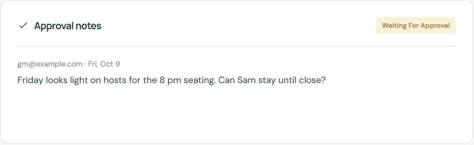 Approval notes appear under the schedule, for the whole week or a specific day.