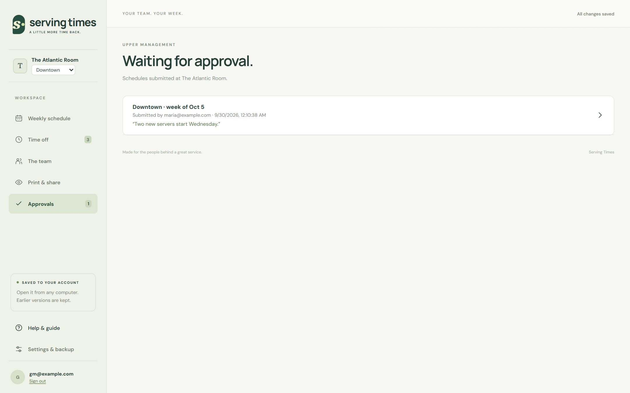 Approvals: every week waiting at your organization, oldest first.