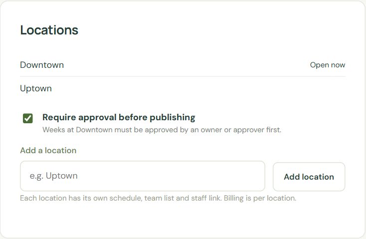 Locations: add a location, and choose whether this one needs approval.