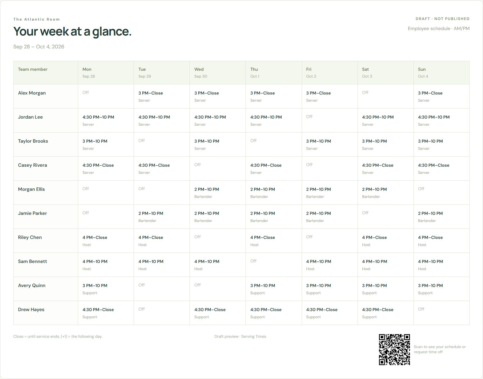The employee copy, ready to print, with the staff page QR code in the footer.