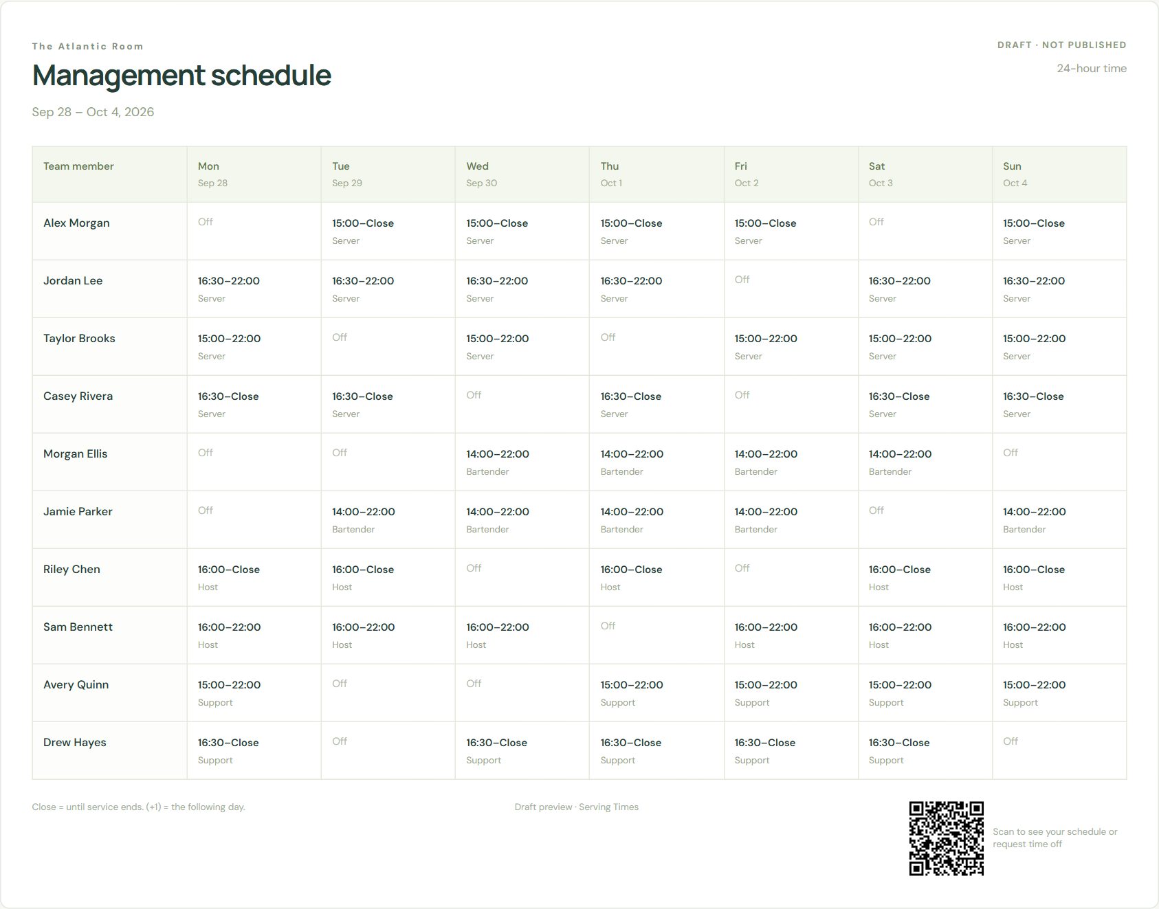 The management copy: 24-hour times and manager notes.
