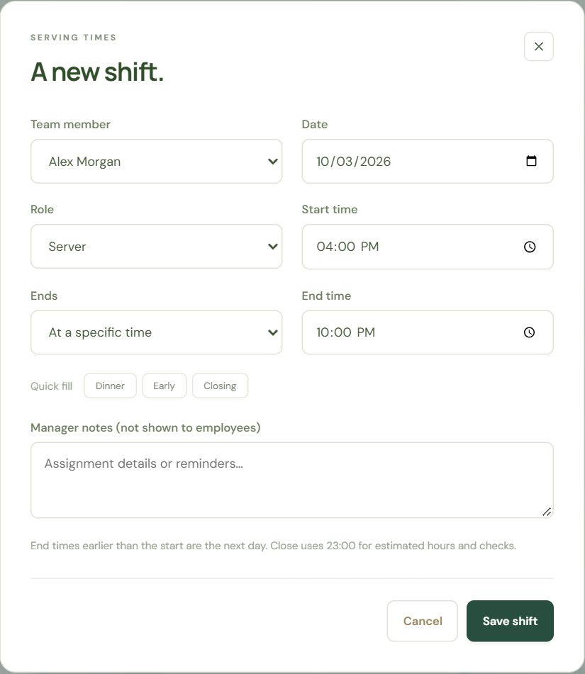 The shift form, with quick-fill buttons for common shifts.