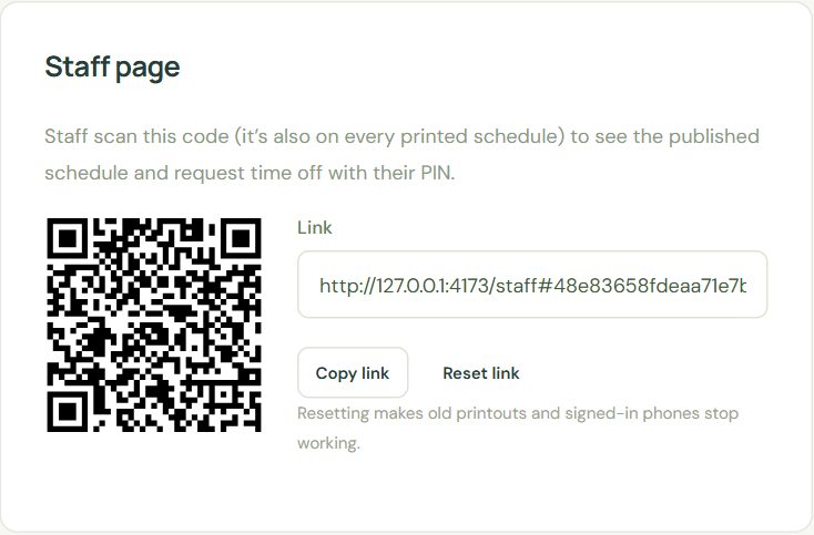Settings & backup → Staff page: the QR code, the link to share, and Reset link.