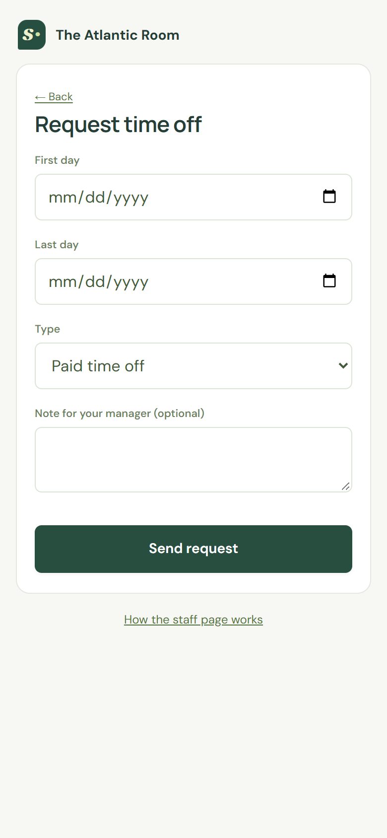 Tap Request time off, choose the days and type, and send it.