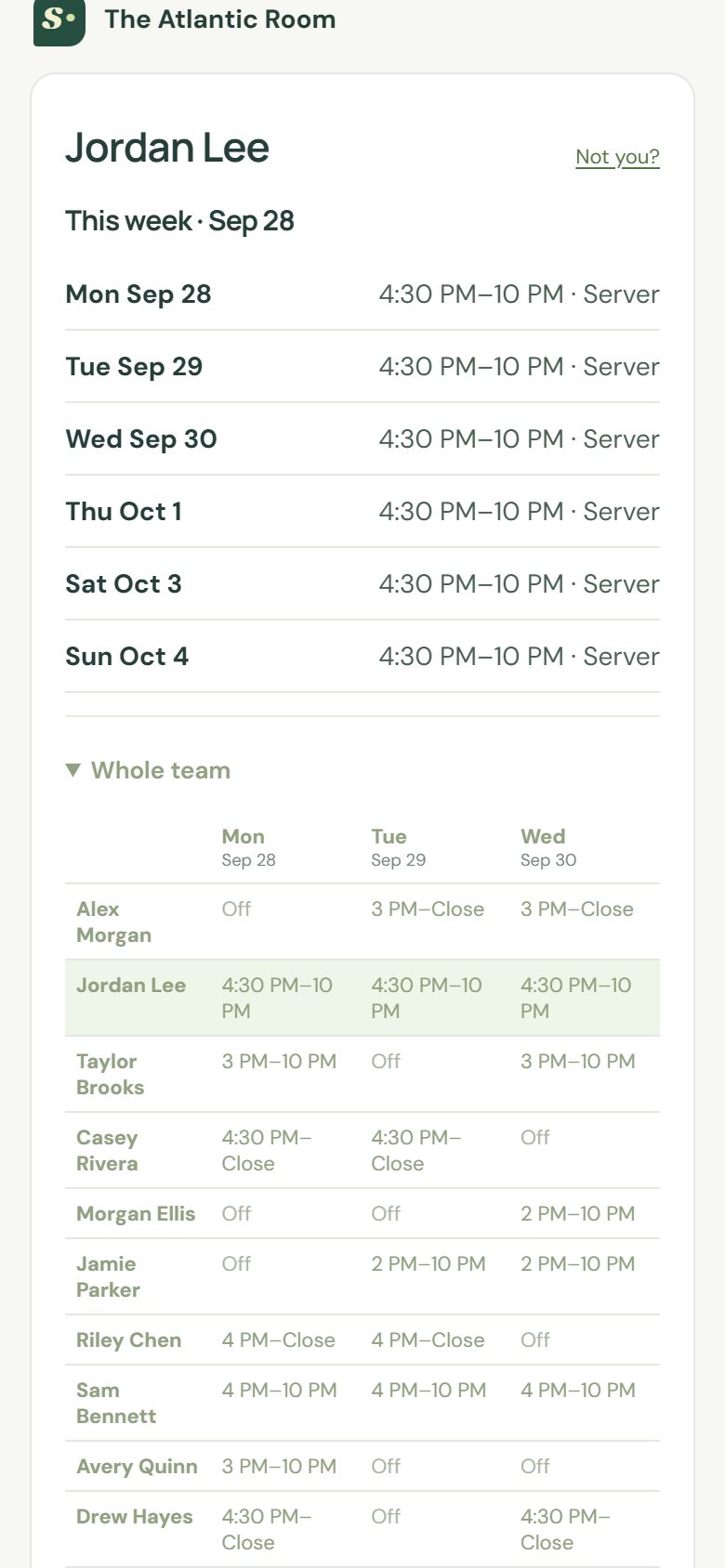 Open Whole team to see who you’re working with. Your row is highlighted.