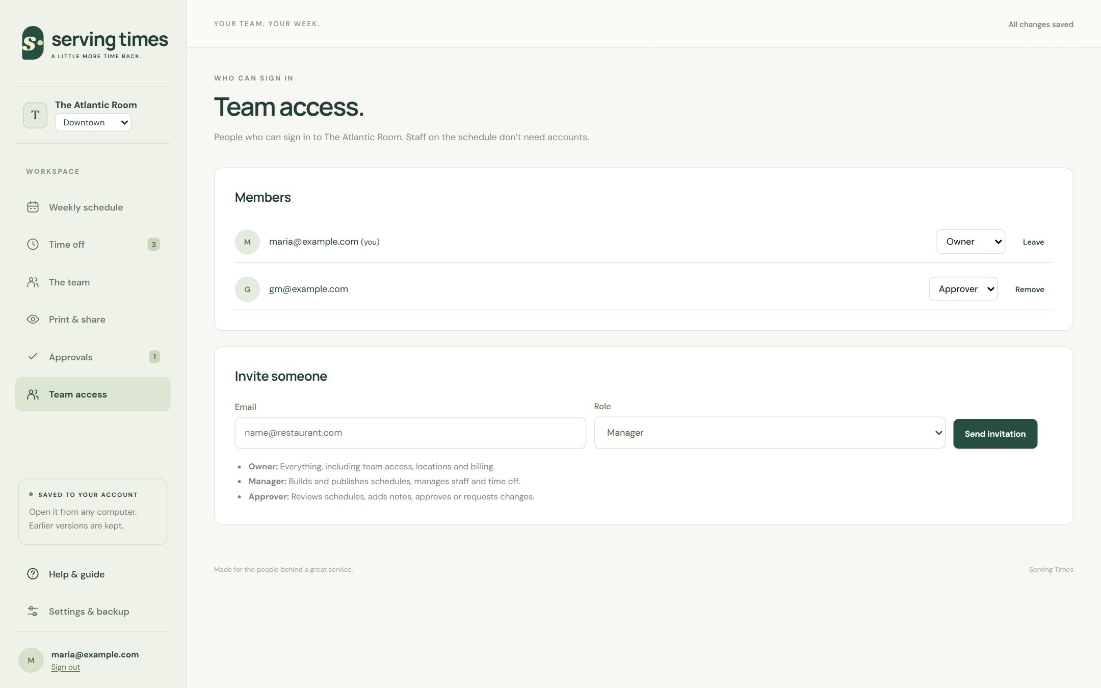 Team access: members, their roles, and invitations waiting to be accepted.