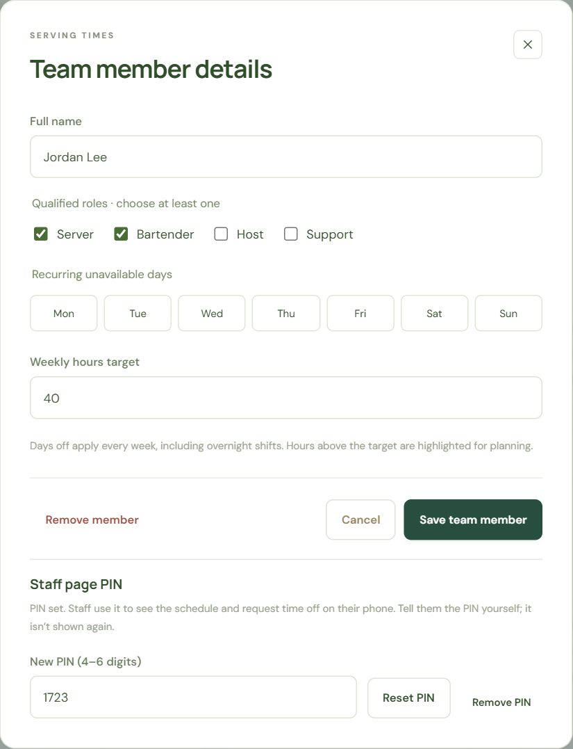 Team member details, with the staff page PIN at the bottom.