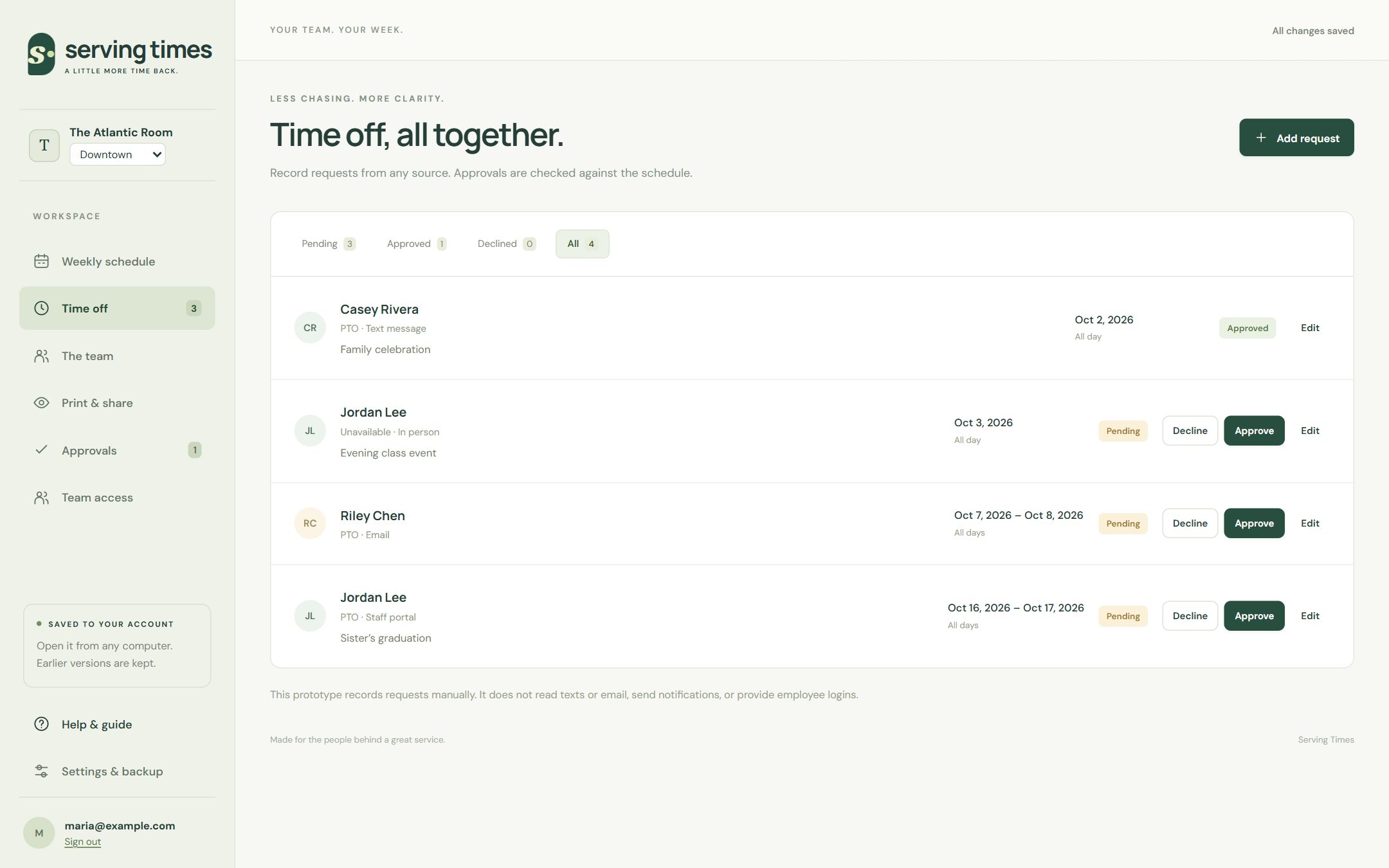 Time off: every request in one list, whichever way it arrived.